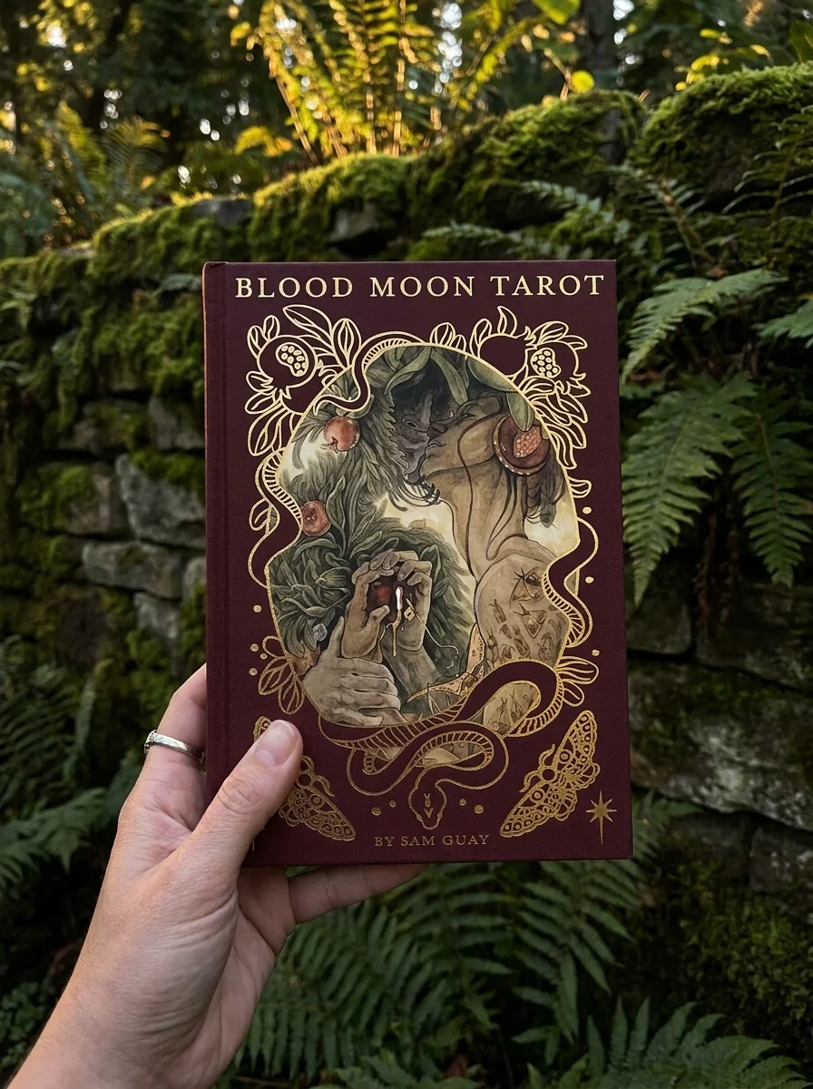 Blood Moon Tarot: Deluxe 78-Card Tarot Deck with Ethereal Watercolor Art, Linen Finish, Burgundy Edges, and Hardcover Book - Gold Foil-Accented Set — photo 2