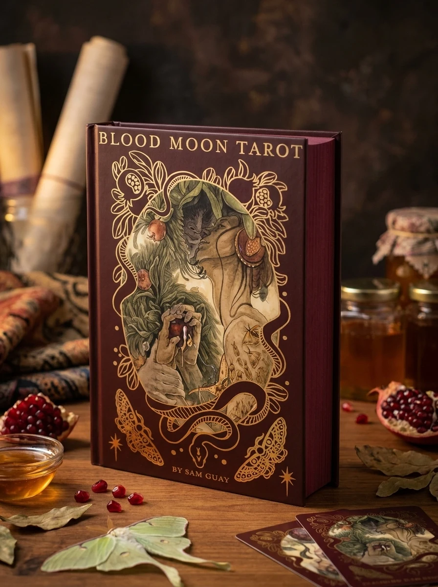 Blood Moon Tarot: Deluxe 78-Card Tarot Deck with Ethereal Watercolor Art, Linen Finish, Burgundy Edges, and Hardcover Book - Gold Foil-Accented Set