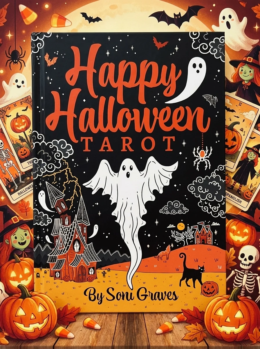 Happy Halloween Tarot: 78 Spooky Tarot Cards with Gray Edges, Playful Iconic Halloween Imagery, Whimsical Witches, Skeletons & Pumpkins, 128-Page Illu